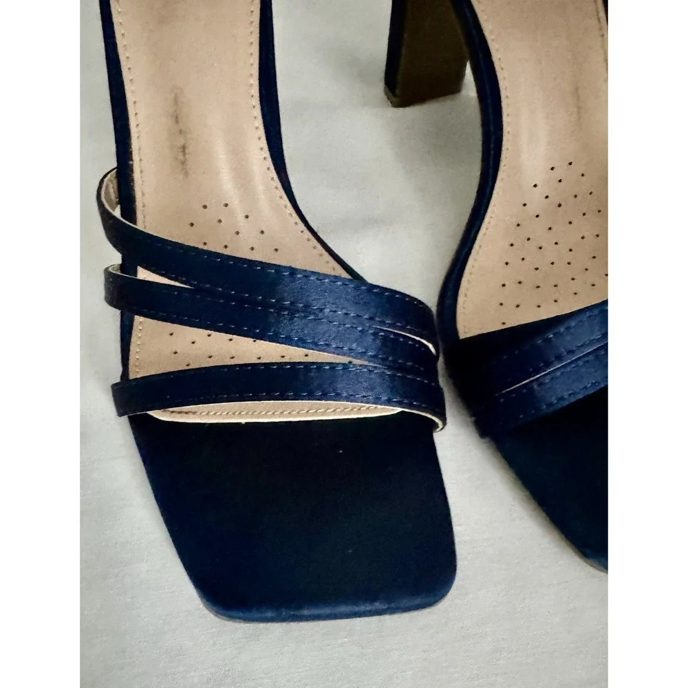 Women's Navy Blue Heel 7 Ankle Strap Open Toe Square Wedding Party  Sandal Heels